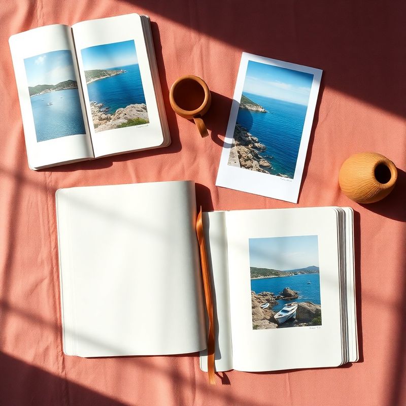 Otvorene bilježnice i tiskane fotografije dalmatinske obale na lanenoj podlozi
